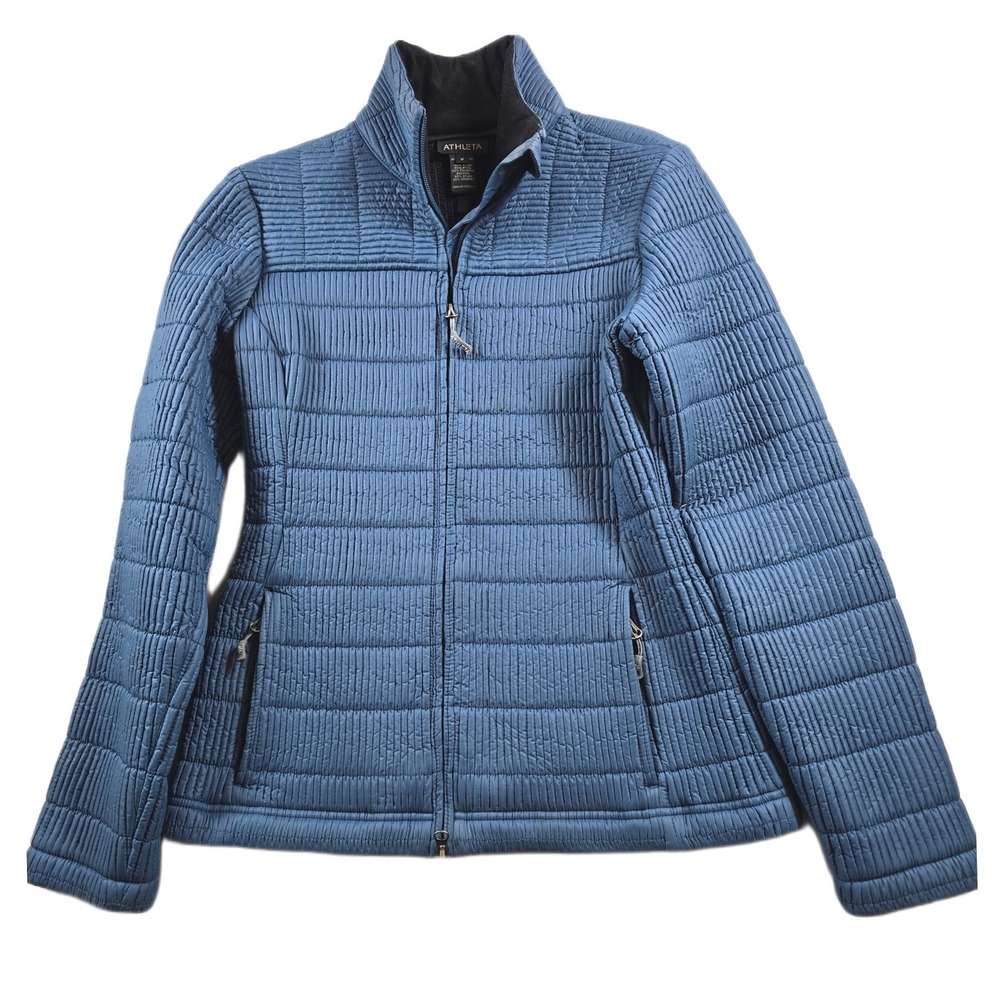 Athleta Quilted Jacket Womens Medium Blue Nylon Insulated Full Zip Ribbed